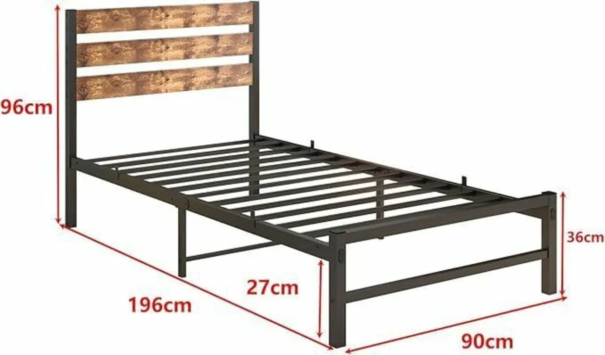 Single Bed Frame with Rustic Wood Headboard Heavy - Image 2