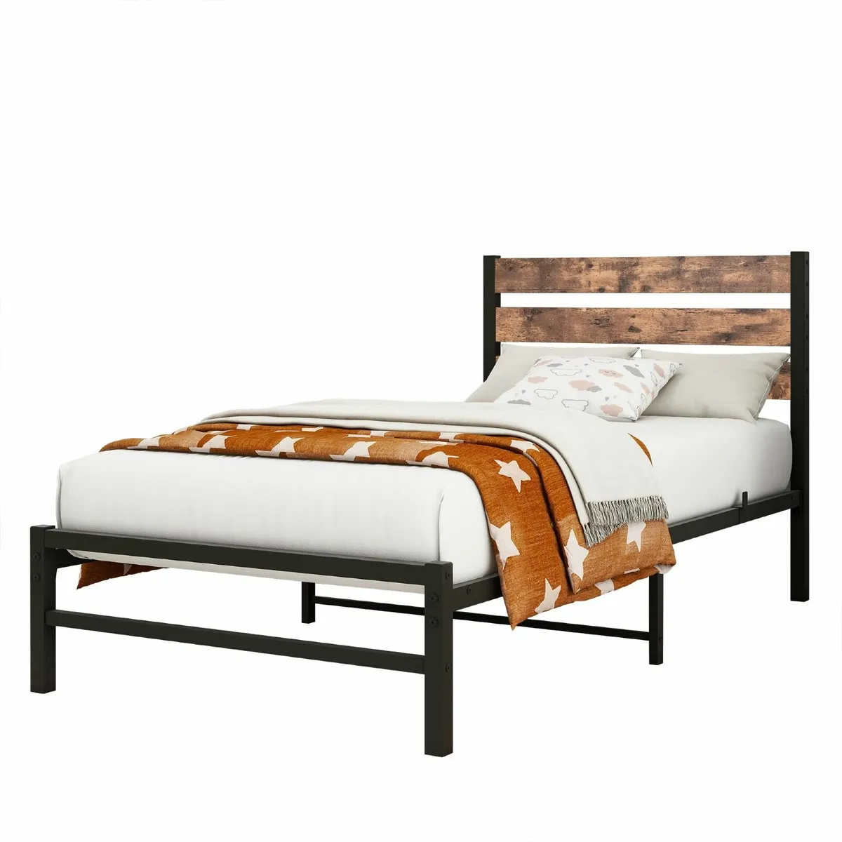 Single Bed Frame with Rustic Wood Headboard Heavy - Image 4