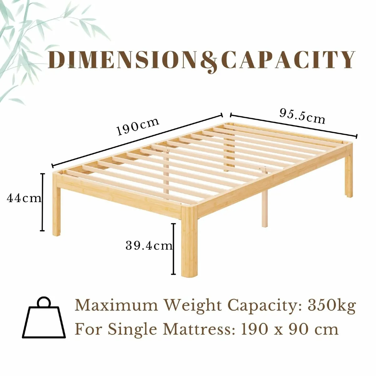Bamboo Wood Single Bed Frame Platform with Metal - Image 2