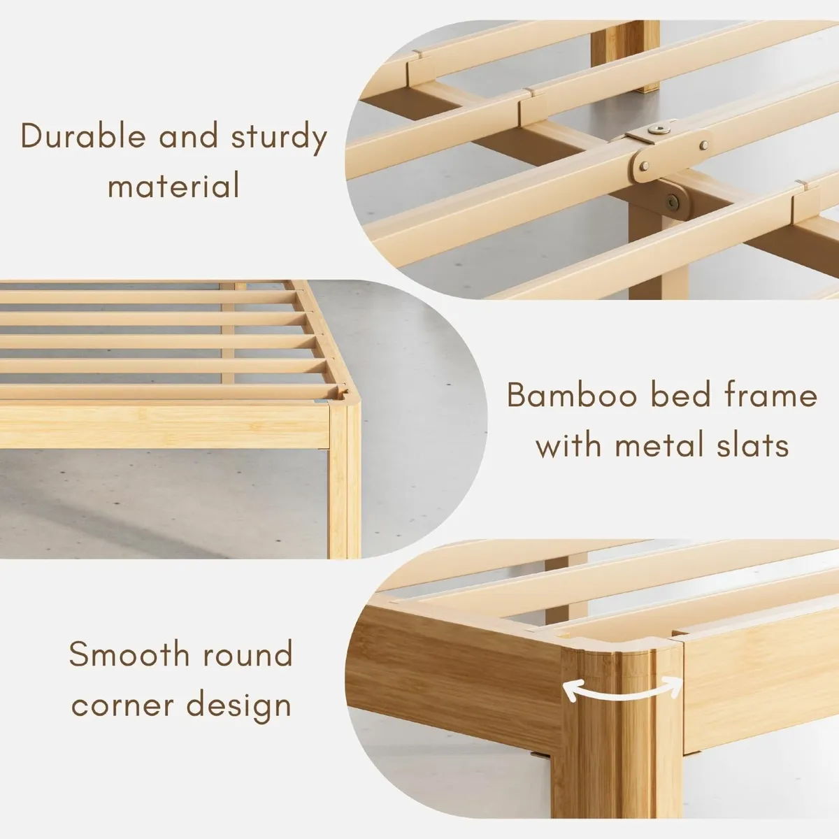 Bamboo Wood Single Bed Frame Platform with Metal - Image 4
