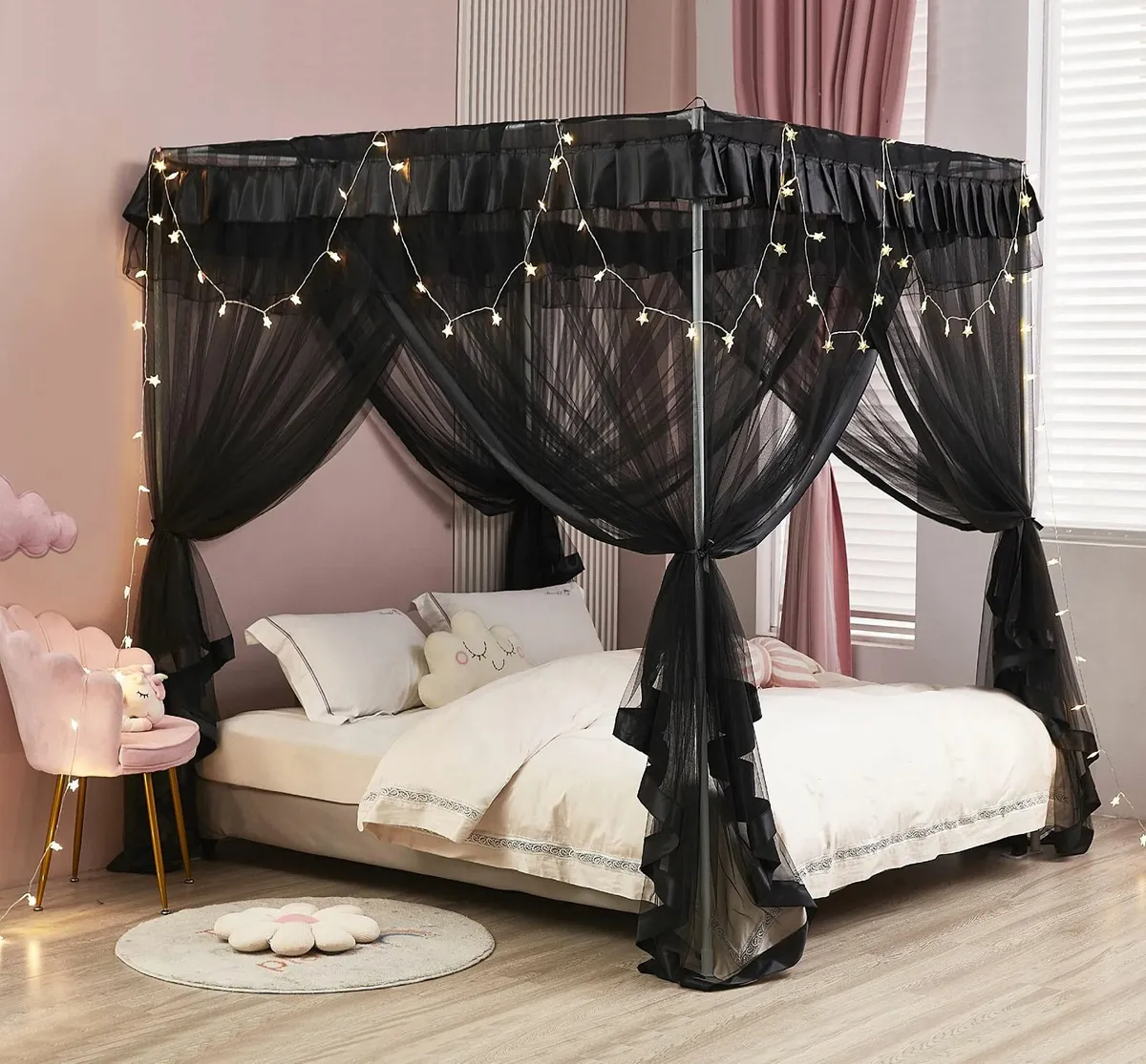 Black Elegant 4 Corners Post Canopy Bed Curtains - Image 2