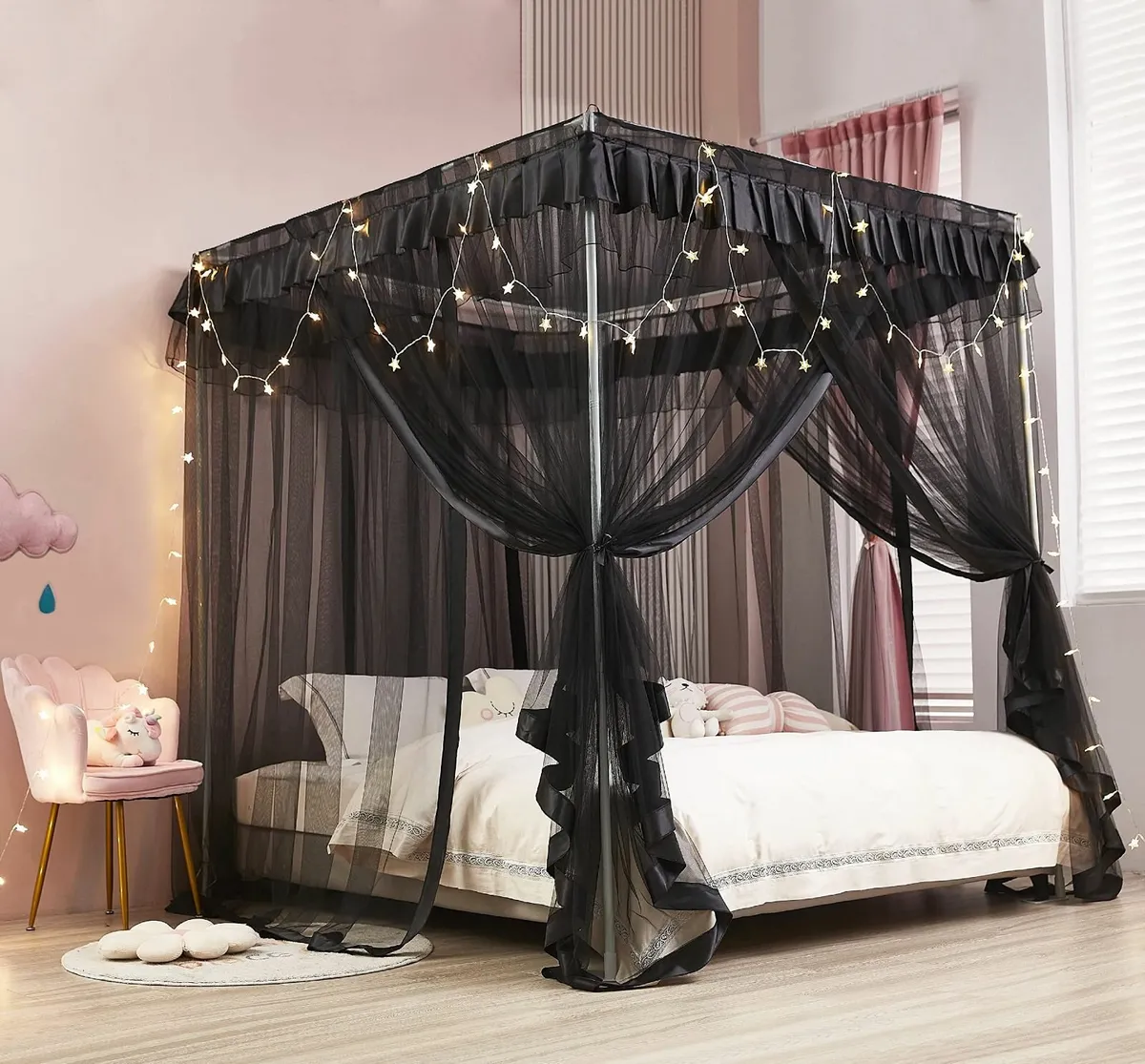 Black Elegant 4 Corners Post Canopy Bed Curtains - Image 3