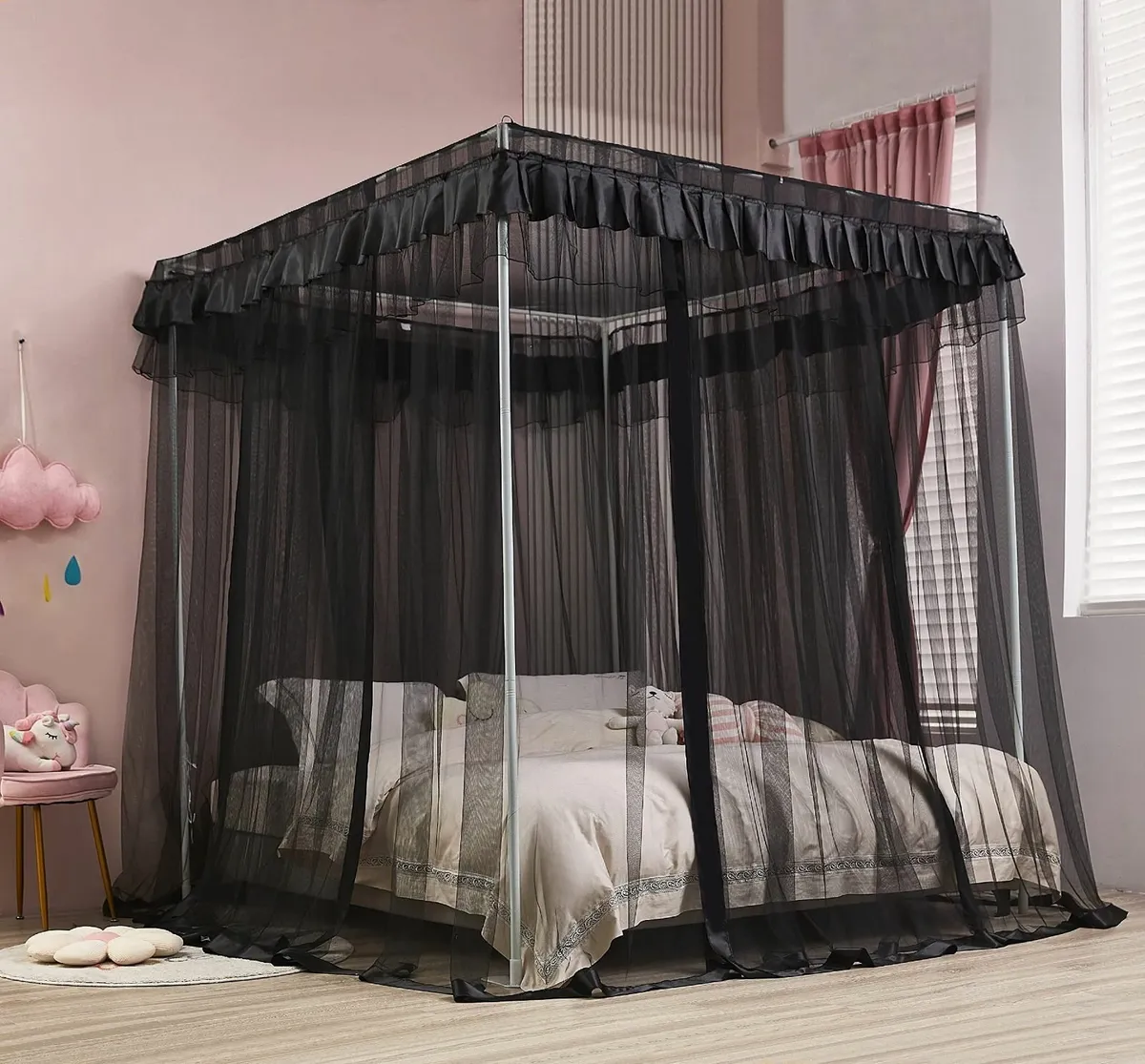 Black Elegant 4 Corners Post Canopy Bed Curtains - Image 4