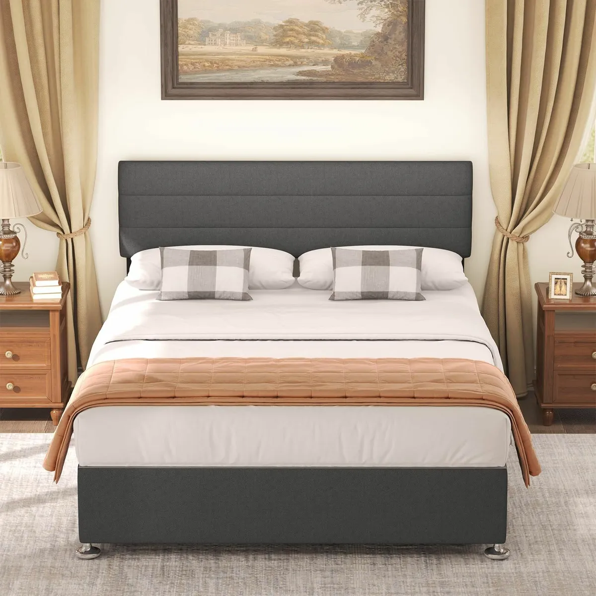 Single Bed Frame Upholstered Wooden Slat with - Image 1
