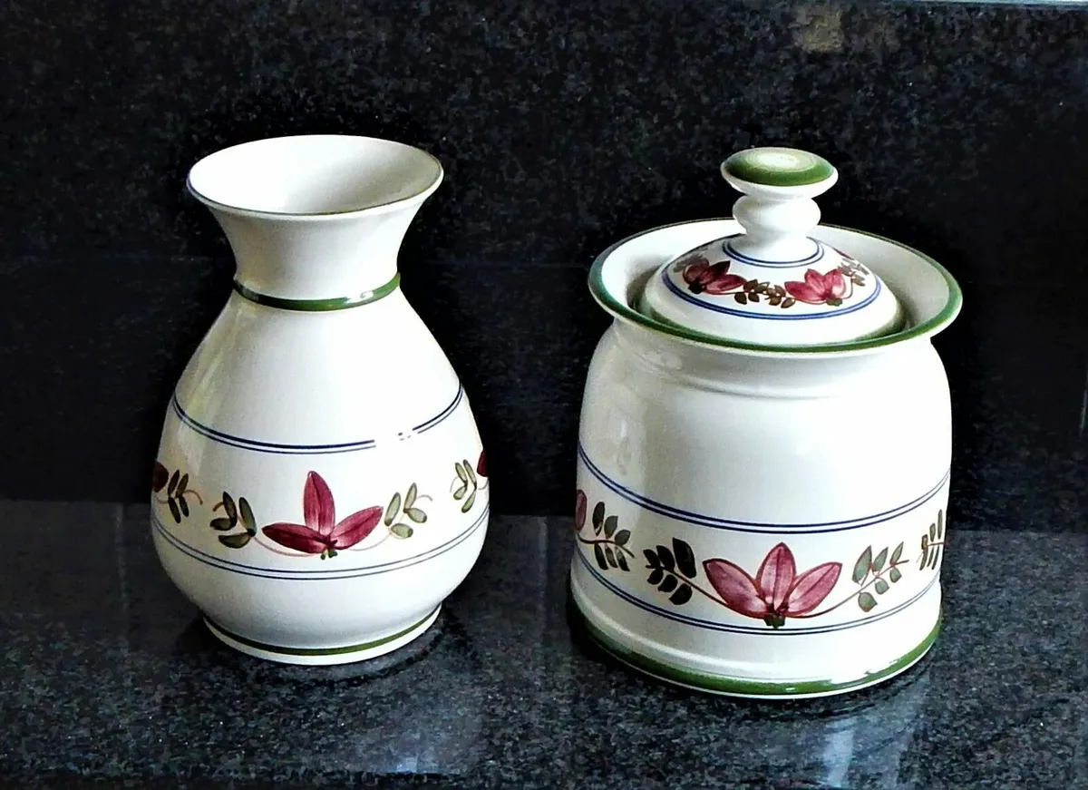 Large Iden Pottery Biscuit Barrel and Vase - Image 1