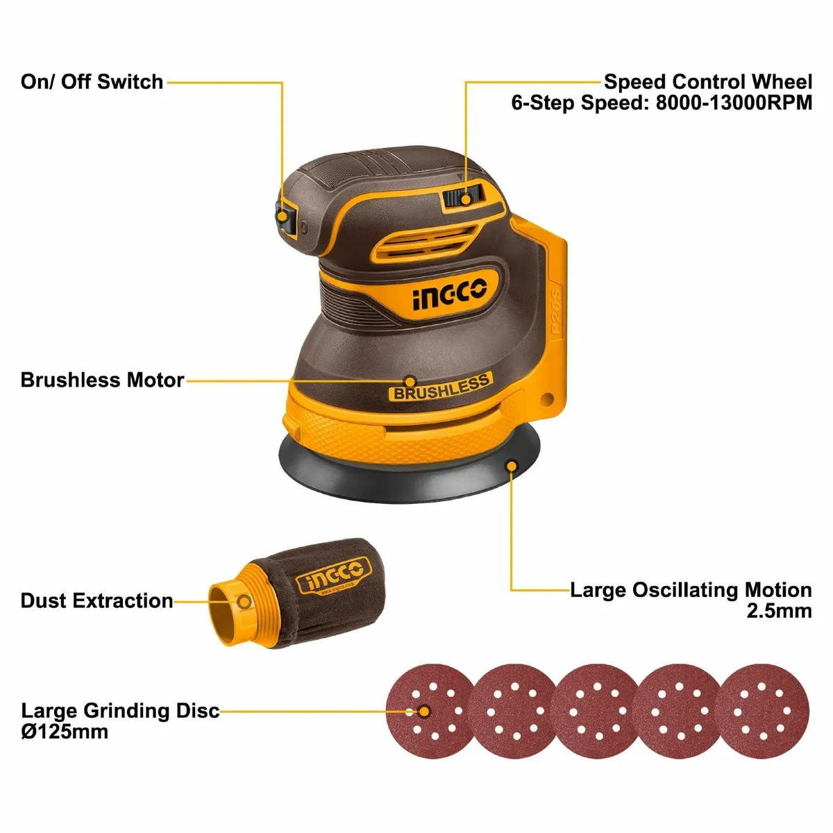 20V Cordless Random Orbit Sander 125mm (Body - Image 4