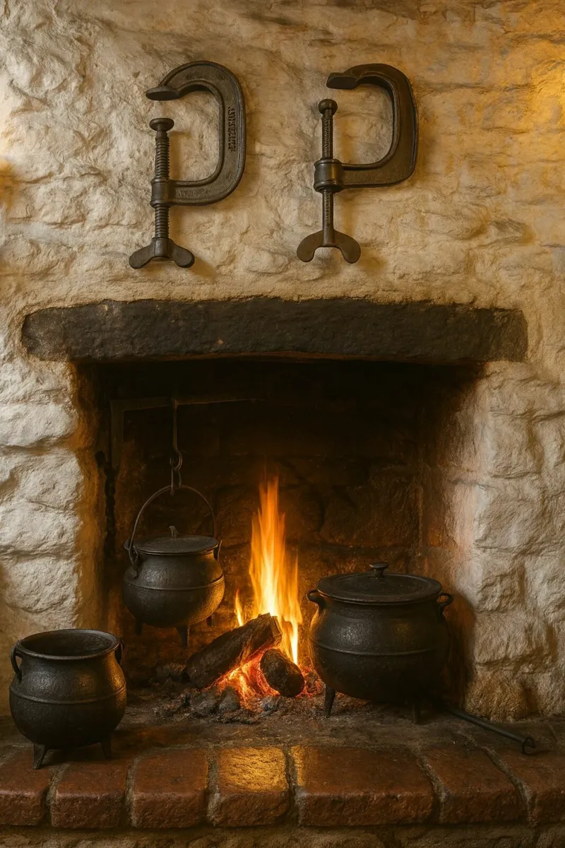 antique vintage TOOLS CLAMPS cottage pub fireplace - Image 2