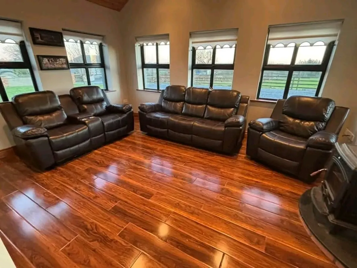 Brown Leather Manual Recliner Sofa Set - Image 1