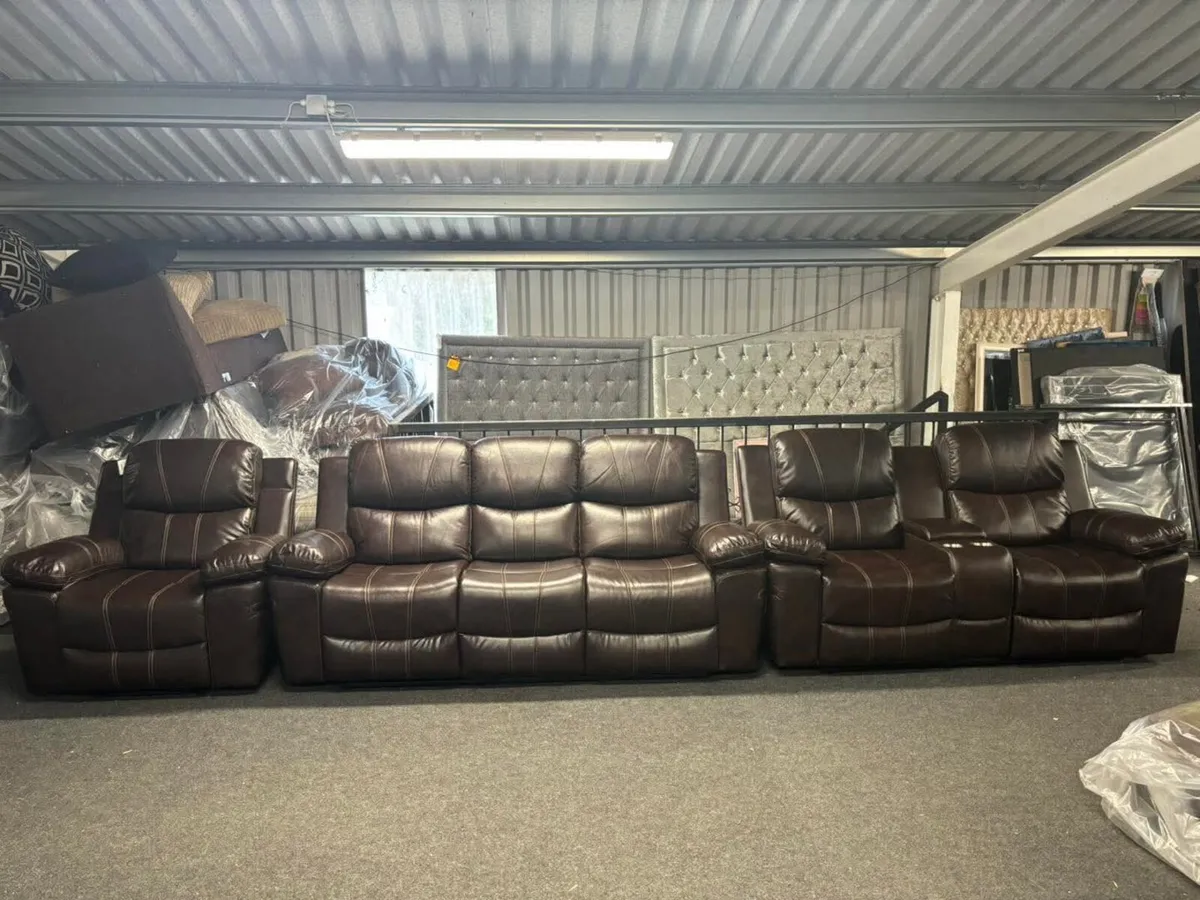 Brown Leather Manual Recliner Sofa Set - Image 2