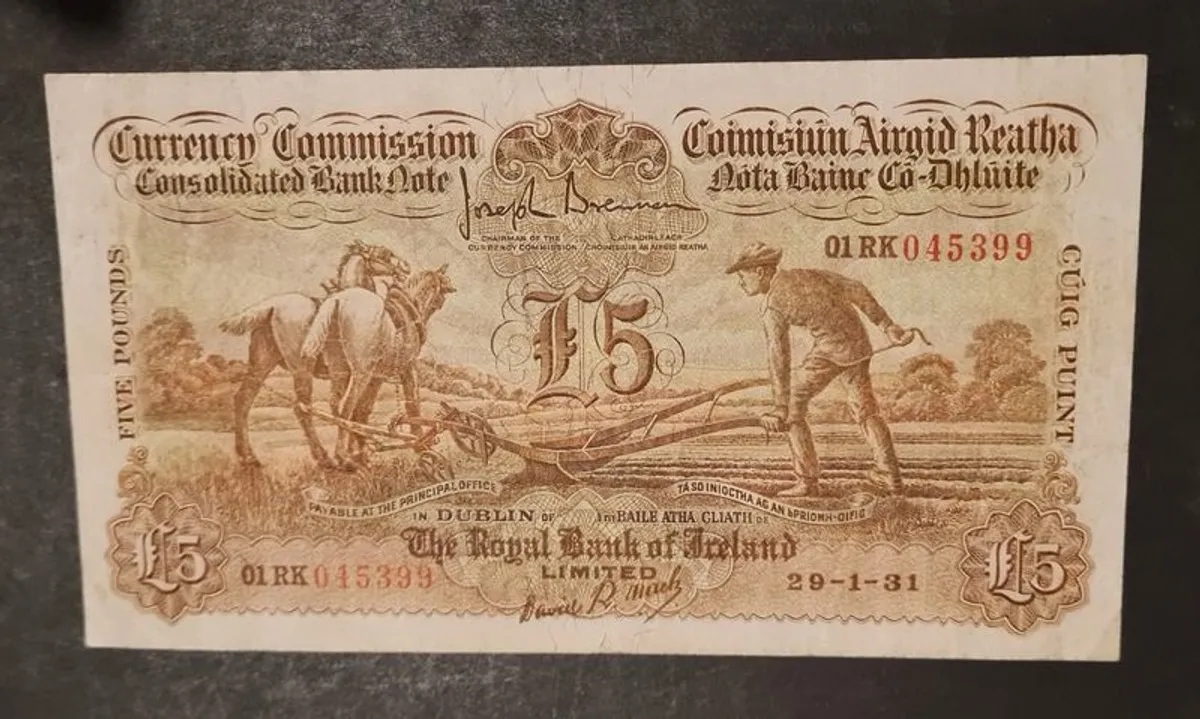 Ireland 1931 Currency Commission 5 Pound Royal Bank Limited Ploughman - Image 1