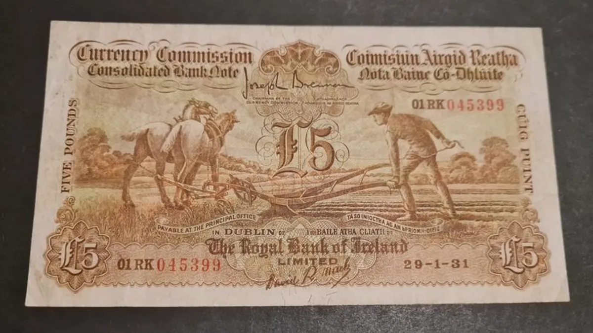 Ireland 1931 Currency Commission 5 Pound Royal Bank Limited Ploughman - Image 2
