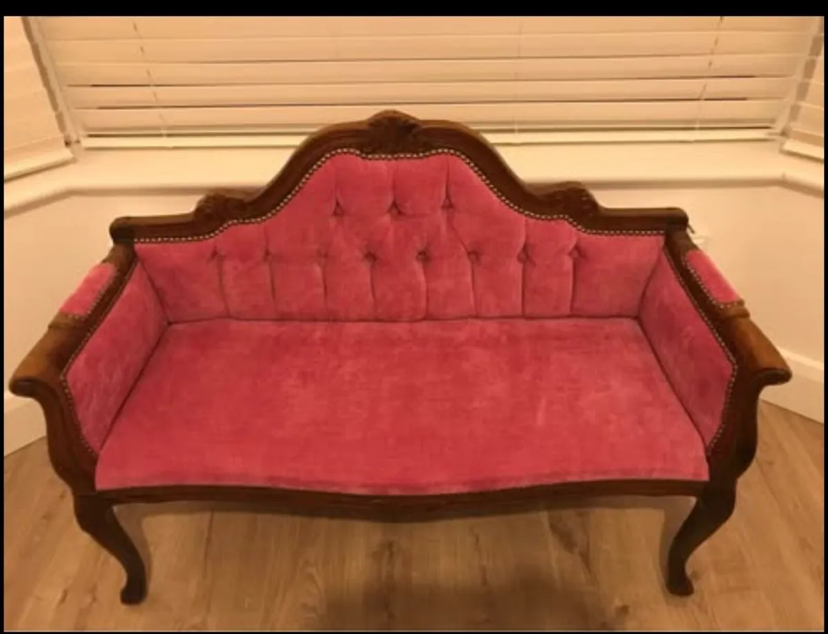 Antique Victorian pink velvet claw legged loveseat - Image 1