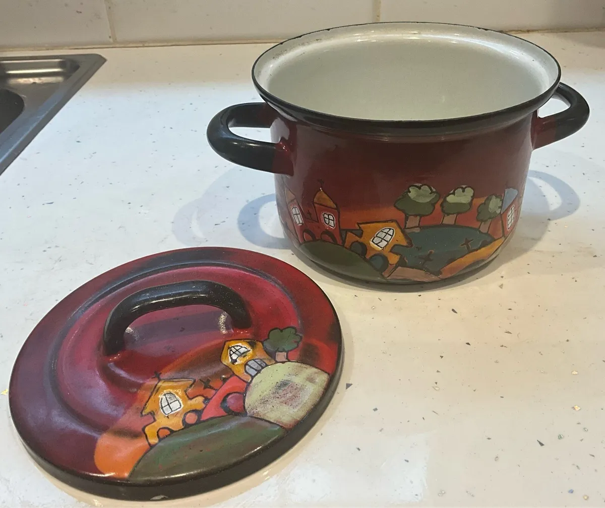 Vintage Enamel Pot with Vintage Enamel Dish - Image 4