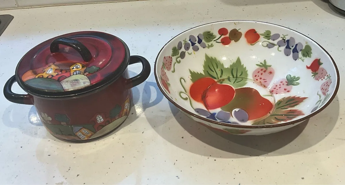 Vintage Enamel Pot with Vintage Enamel Dish - Image 1