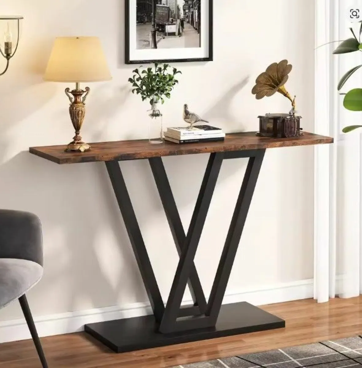 Rustic Brown Console Table with Metal Base - Image 1