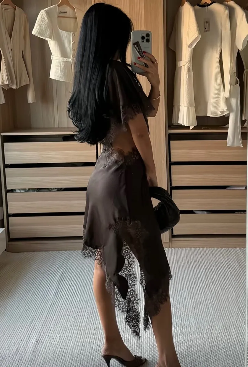 Brown Satin Dress with Lace Detail for sale: - Image 1