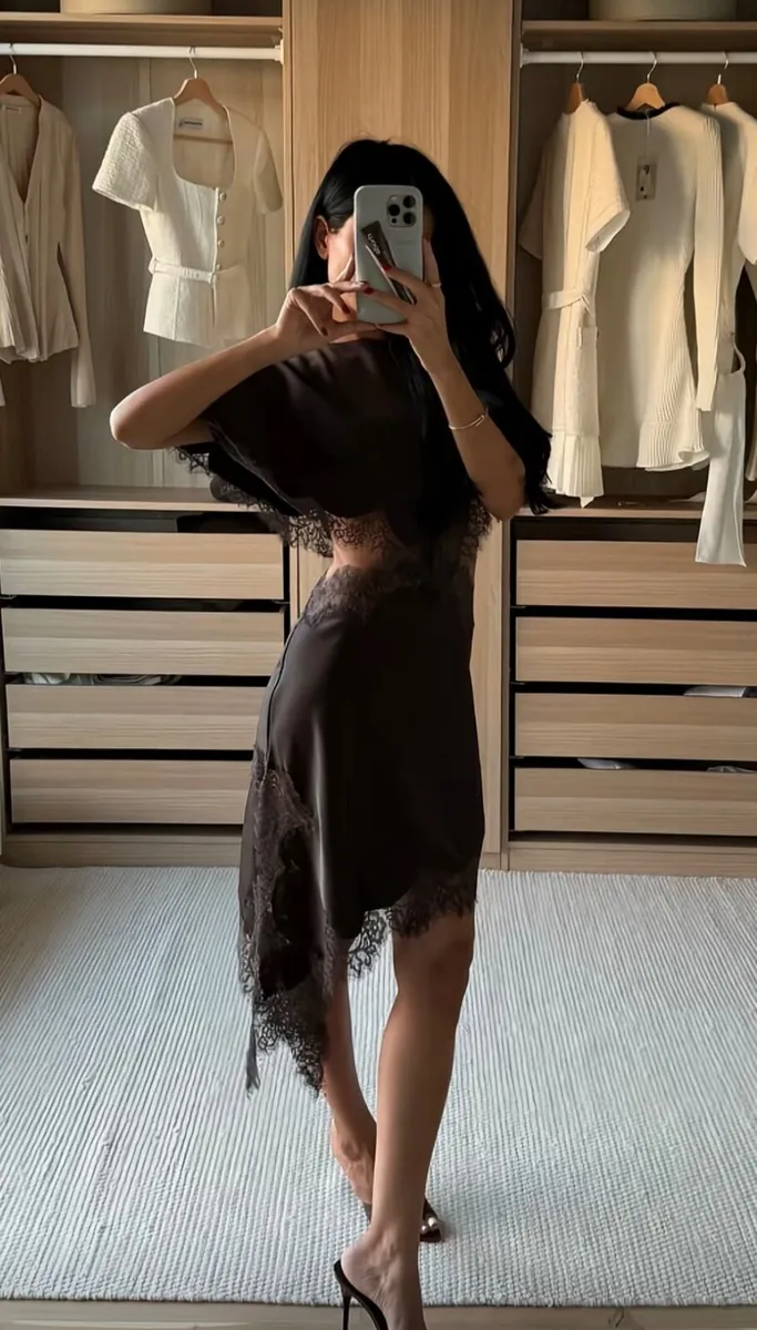 Brown Satin Dress with Lace Detail for sale: - Image 3