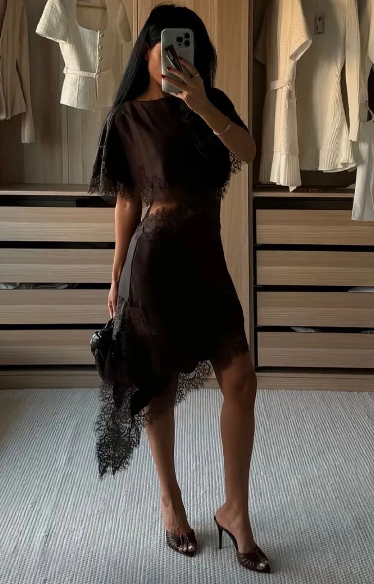 Brown Satin Dress with Lace Detail for sale: - Image 4