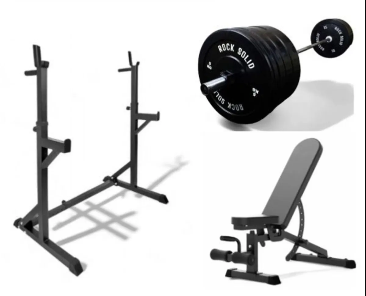 Squat rack, Barbell, 100kg weights, Bench (new) - Image 1
