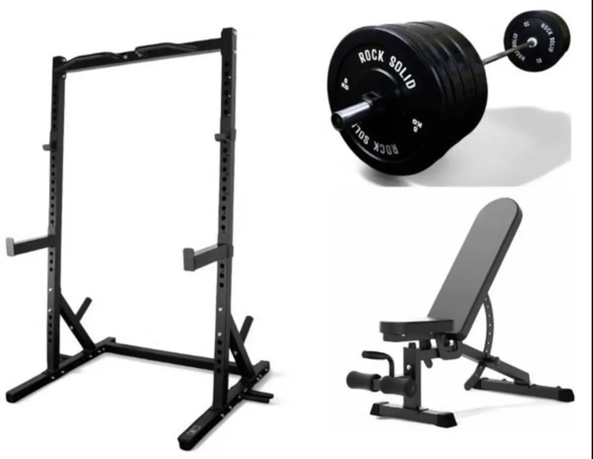 Squat rack, Barbell, 100kg weights, Bench (new) - Image 1