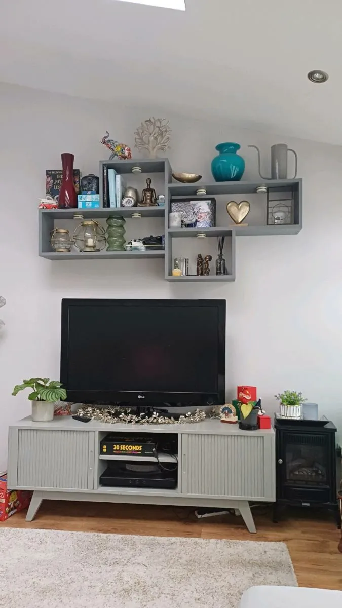 TV, tv unit, shelves and electric stove.