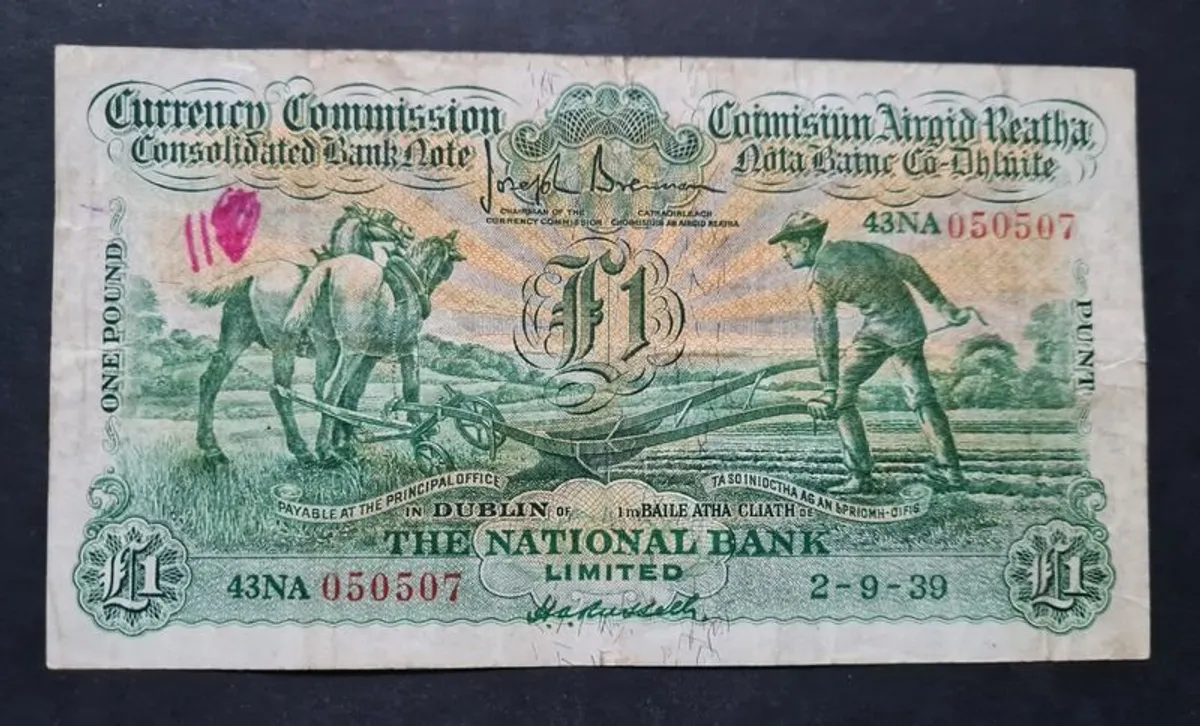 Ireland 1939  1 Pound Ploughman The National Bank Limited Banknote - Image 1