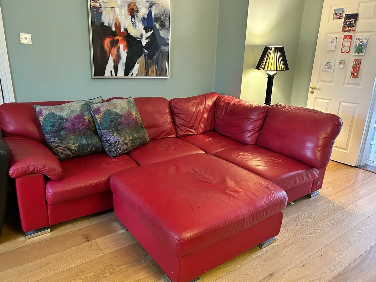 Red leather L couch - Image 3