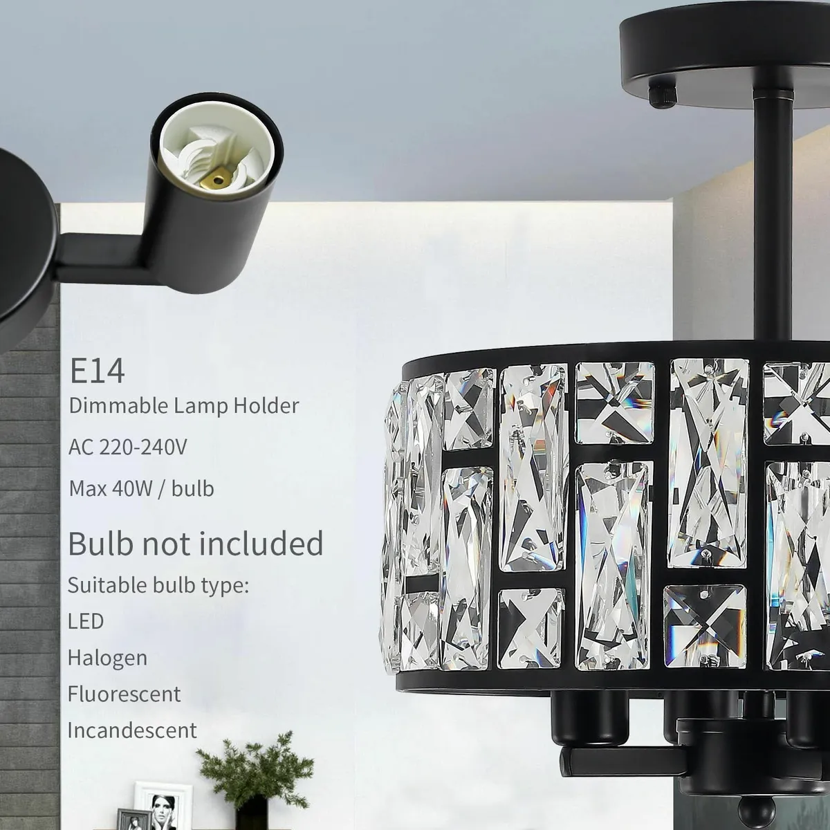 Black Crystal Ceiling Lights 4-Light E14 Modern - Image 4