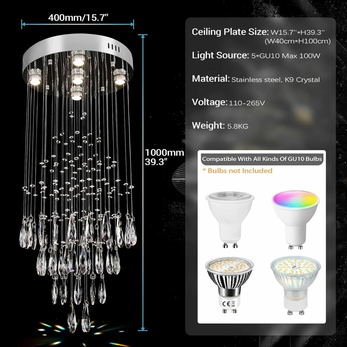 15.7''Raindrop Chandelier Spiral 5-Lights Flush - Image 3