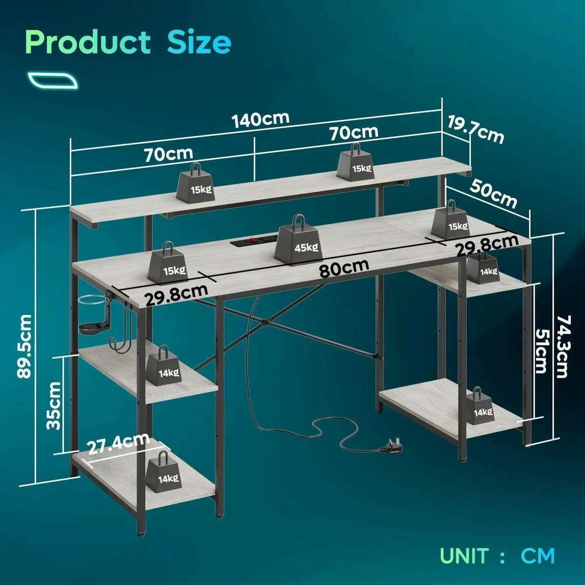 140 CM Computer Desk with Power Outlets LED - Image 3