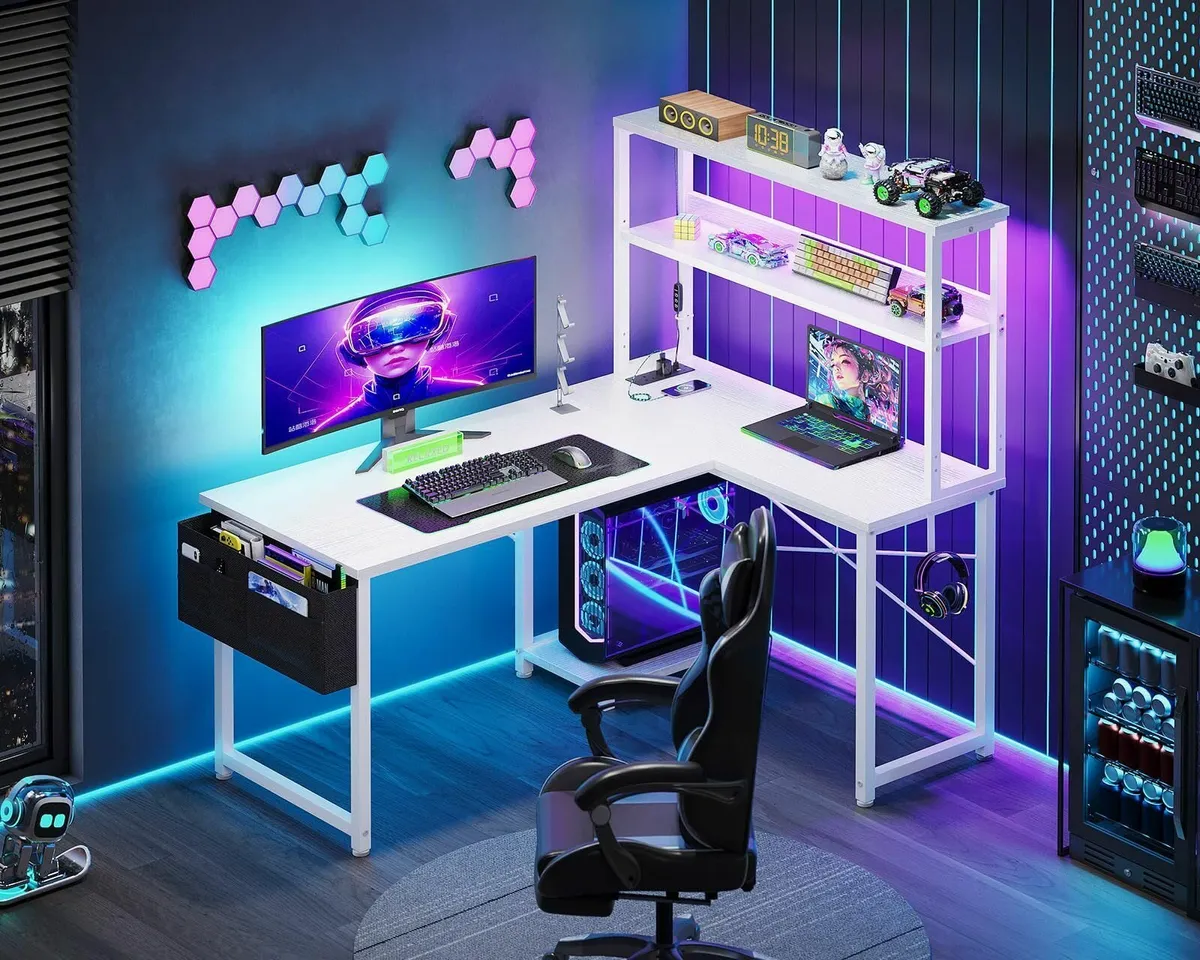 L Shaped Gaming Desk with LED Lights Power Outlet - Image 2