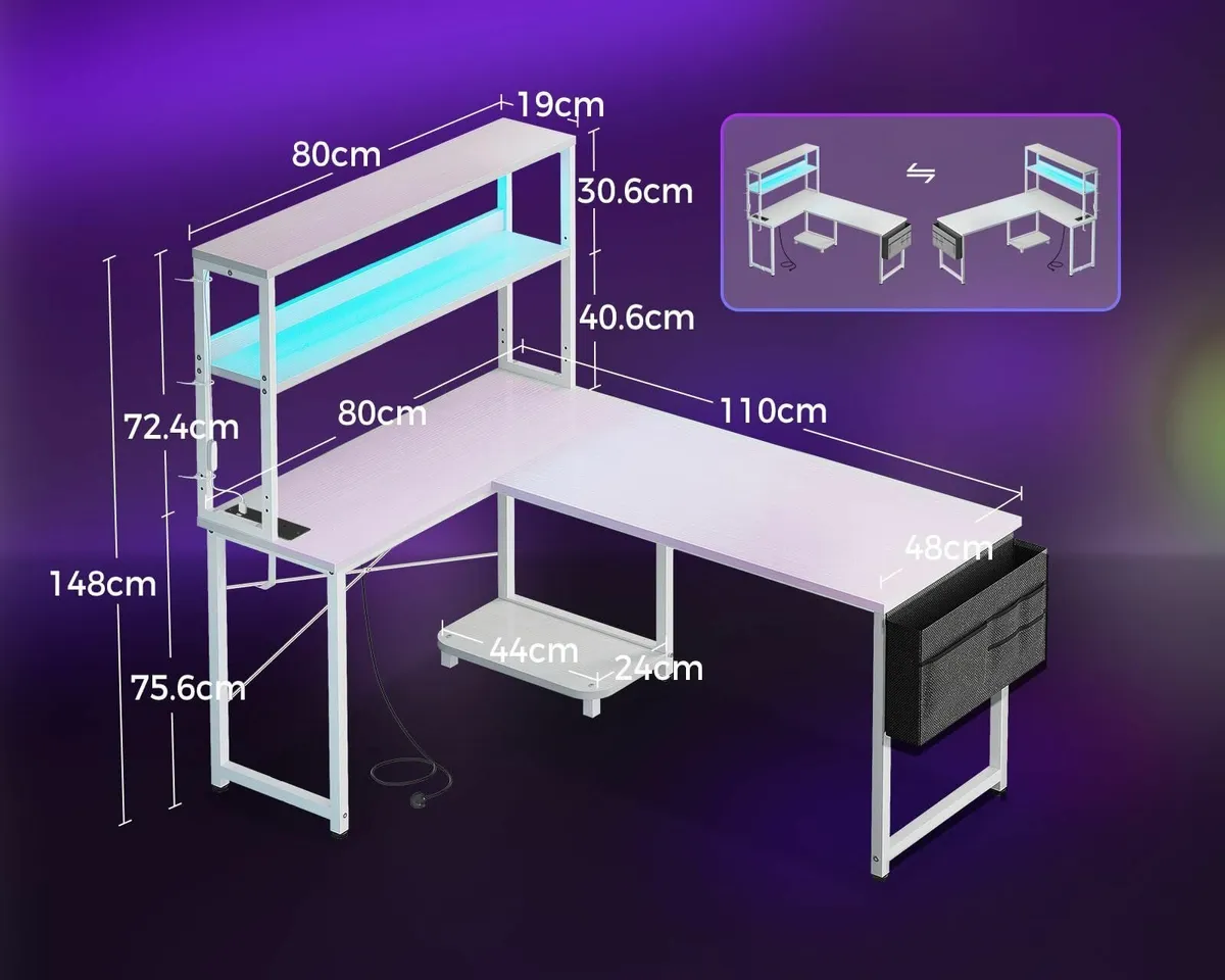 L Shaped Gaming Desk with LED Lights Power Outlet - Image 3