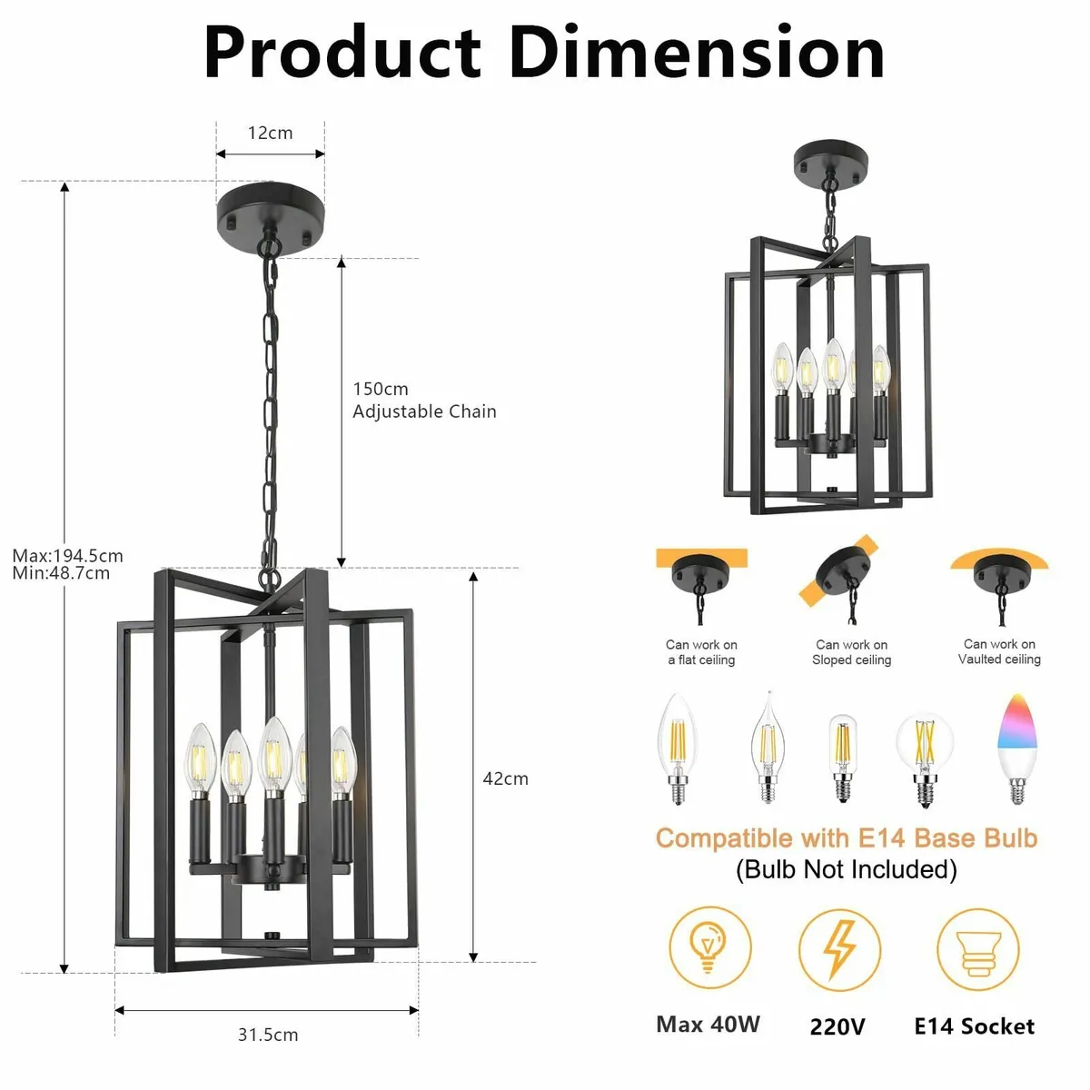 Modern Black Chandelier 5 Lights Farmhouse Rustic - Image 2