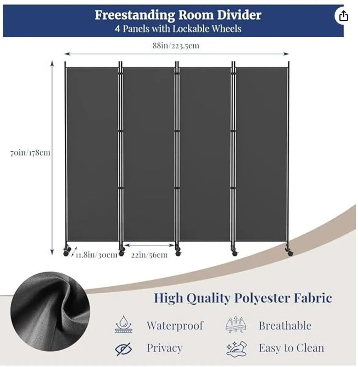 Foldable Room Divider/Privacy Screen with Wheels - Image 2