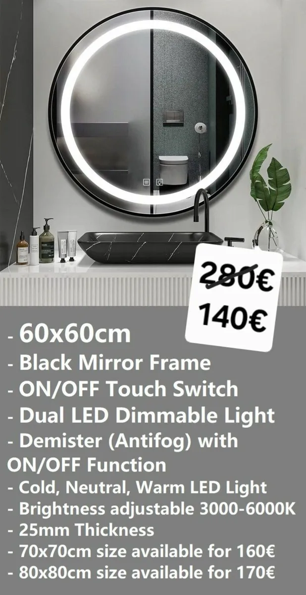 LED Bathroom Mirror Black Frame Antifog Demister - Image 2