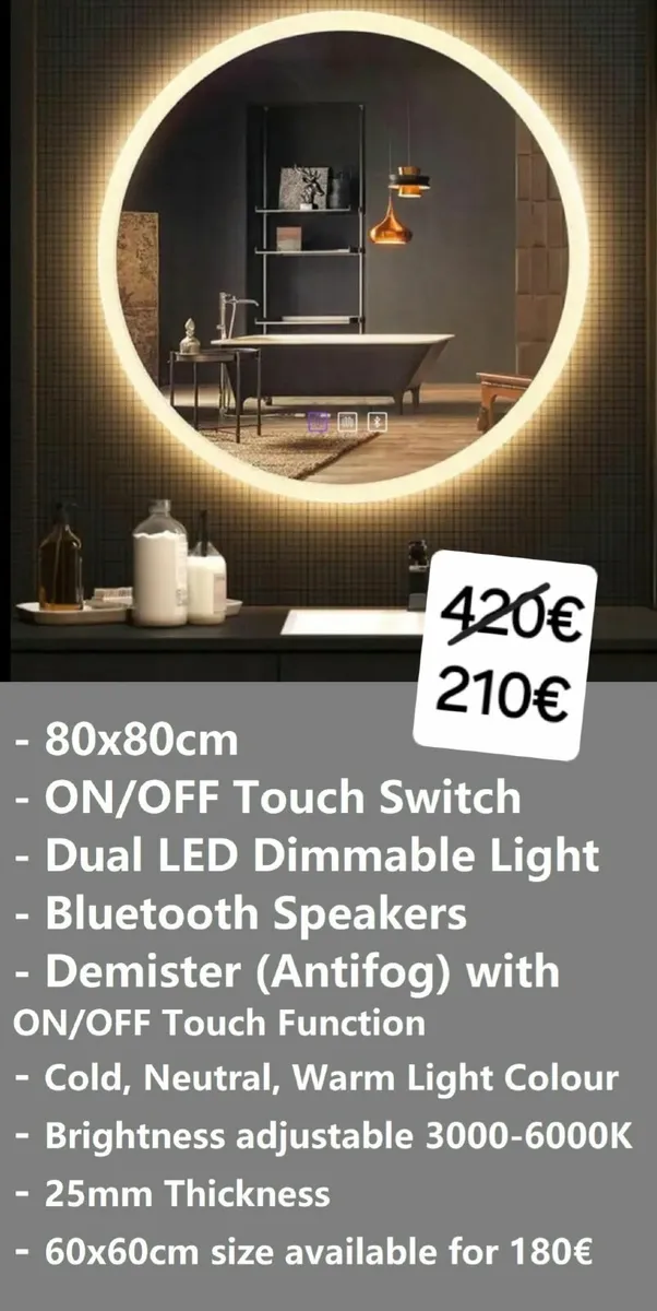 LED Bathroom Mirror Round 80cm Bluetooth - Image 2