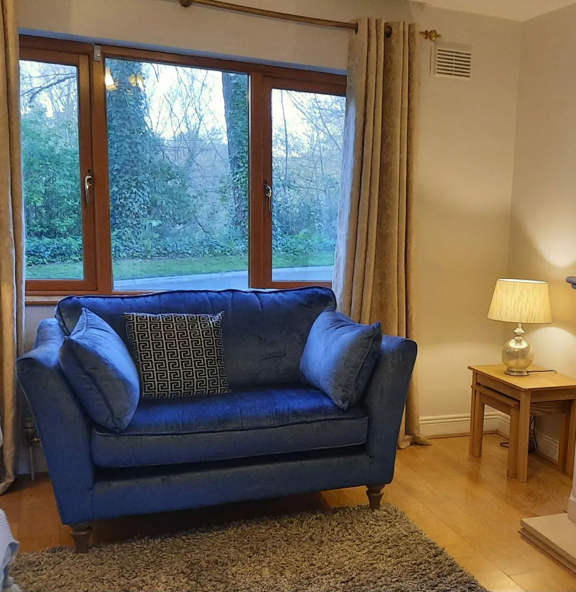 Beautiful Blue Velvet Snuggler Sofa - Image 1