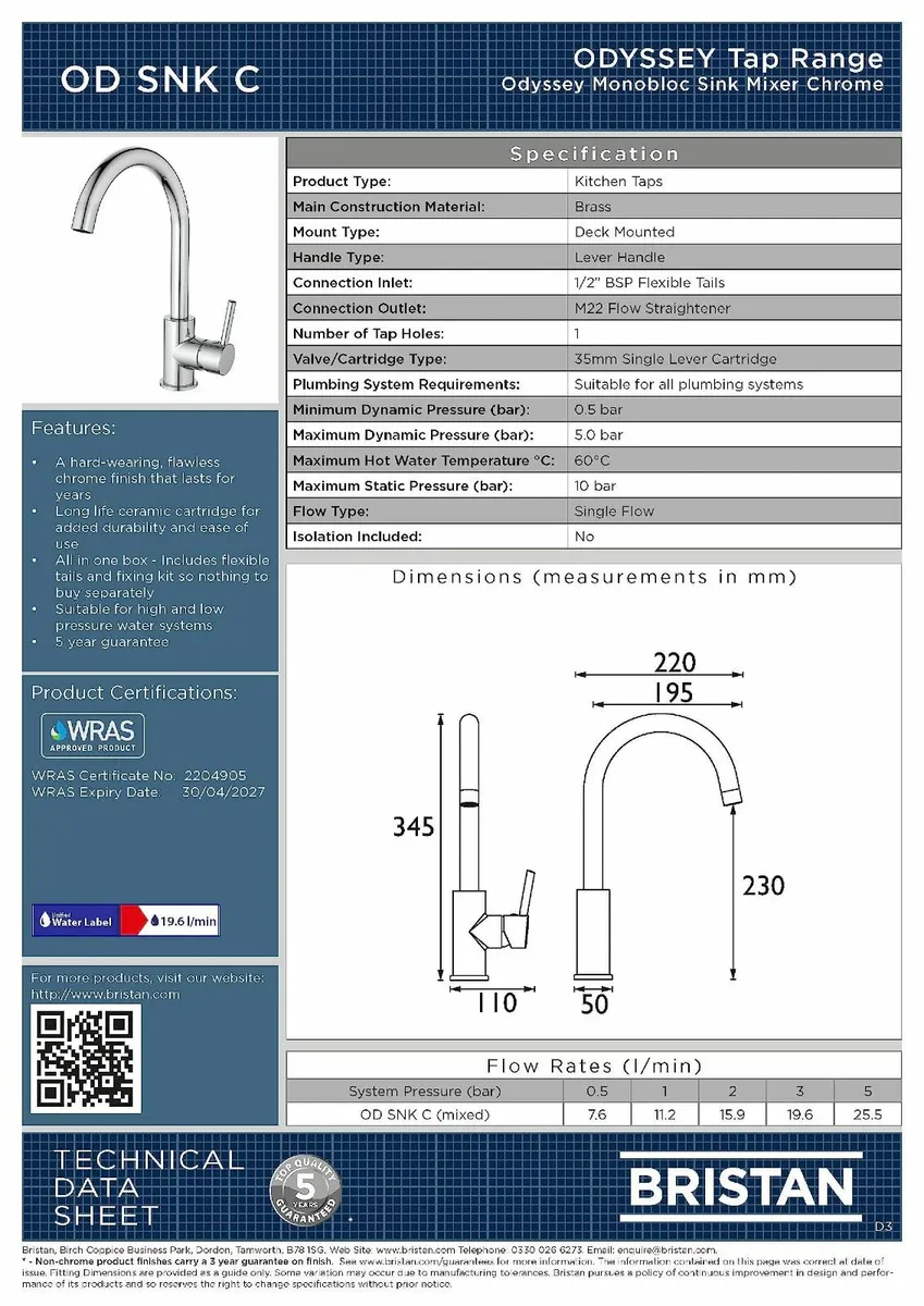 OD SNK C Odyssey Monobloc Sink Mixer Mono Kitchen - Image 3