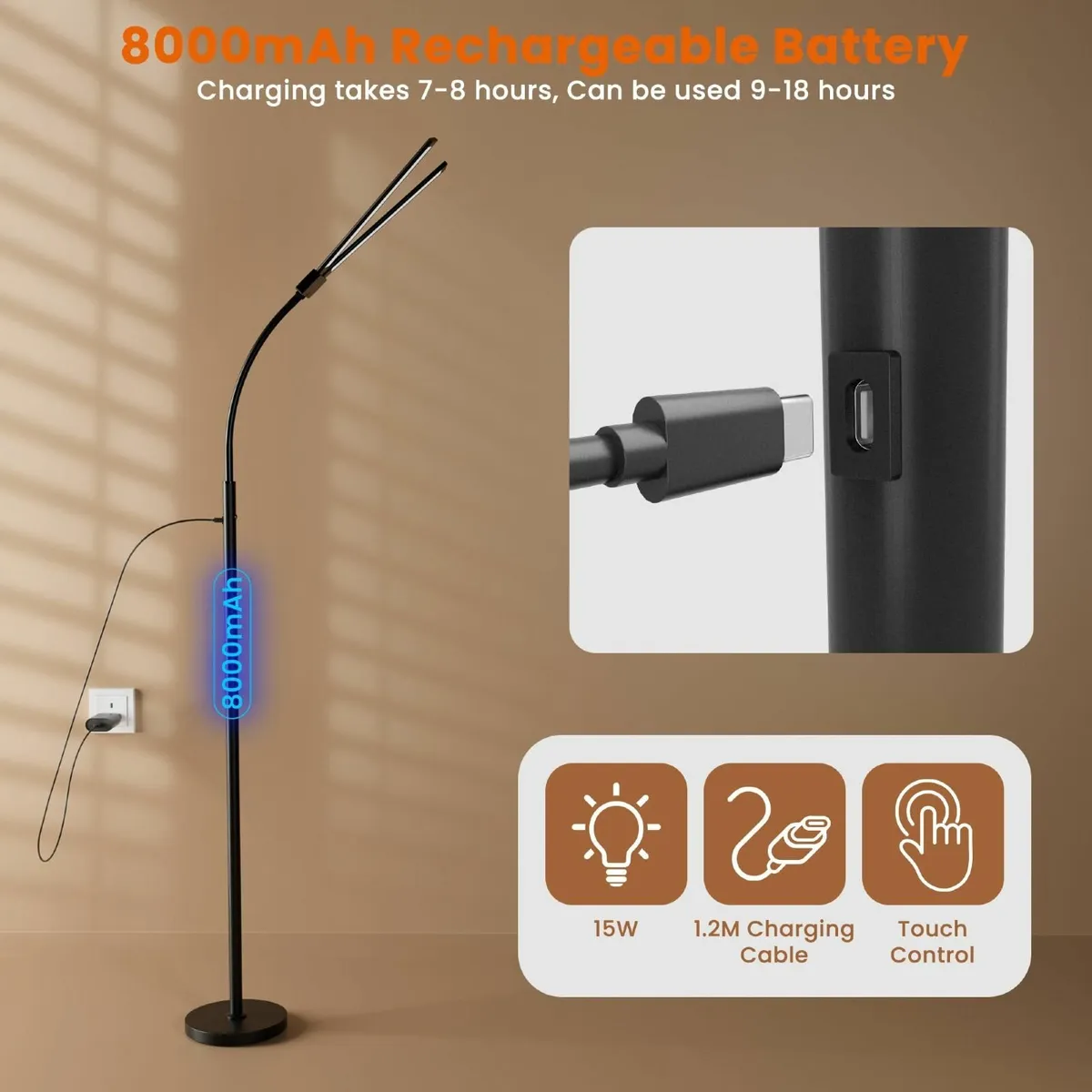 Cordless Floor Lamp 8000mAh Rechargeable LED for - Image 3