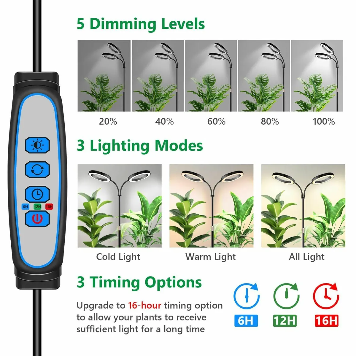 Grow Light 2 Head Black Full Spectrum Plant with - Image 2