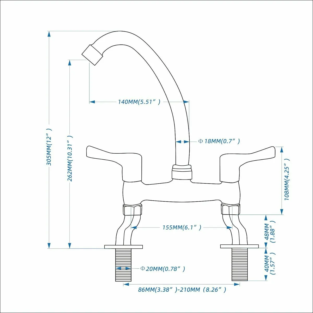 Bridge Kitchen Taps 2 Hole Adjustable Mixer Tap - Image 3