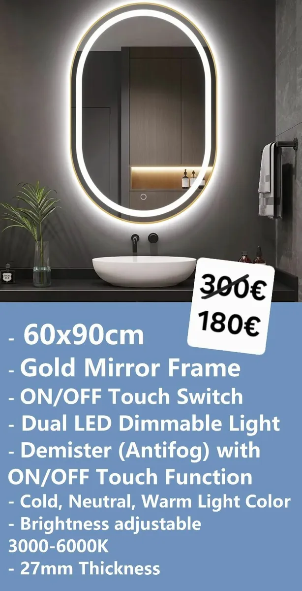 LED Bathroom Mirror Oval Gold Frame - Image 1