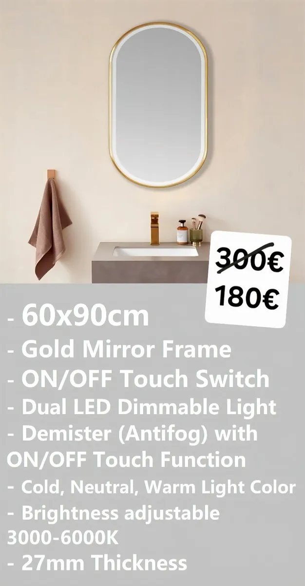 LED Bathroom Mirror 60x90cm Antifog Demister - Image 1