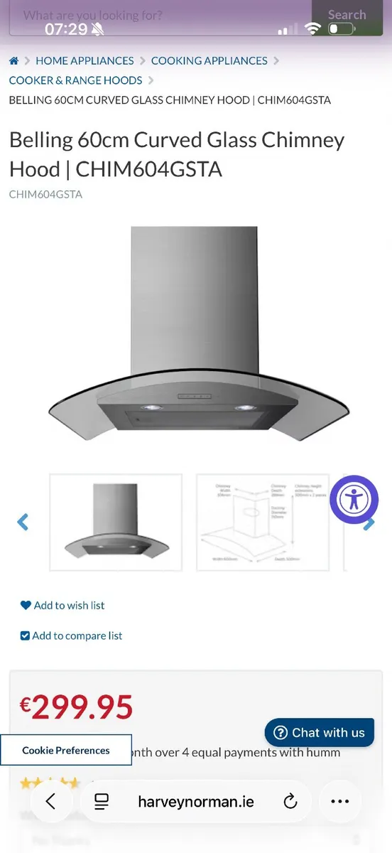 Belling 60cm Curved Glass Chimney Hood | CHIM604GS - Image 1
