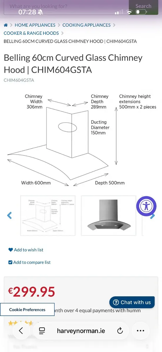 Belling 60cm Curved Glass Chimney Hood | CHIM604GS - Image 2