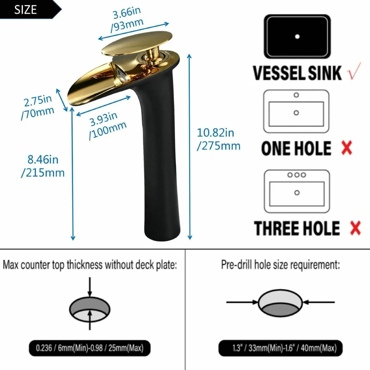 Bathroom Basin Mixer Tap Black Gold Waterfall - Image 2