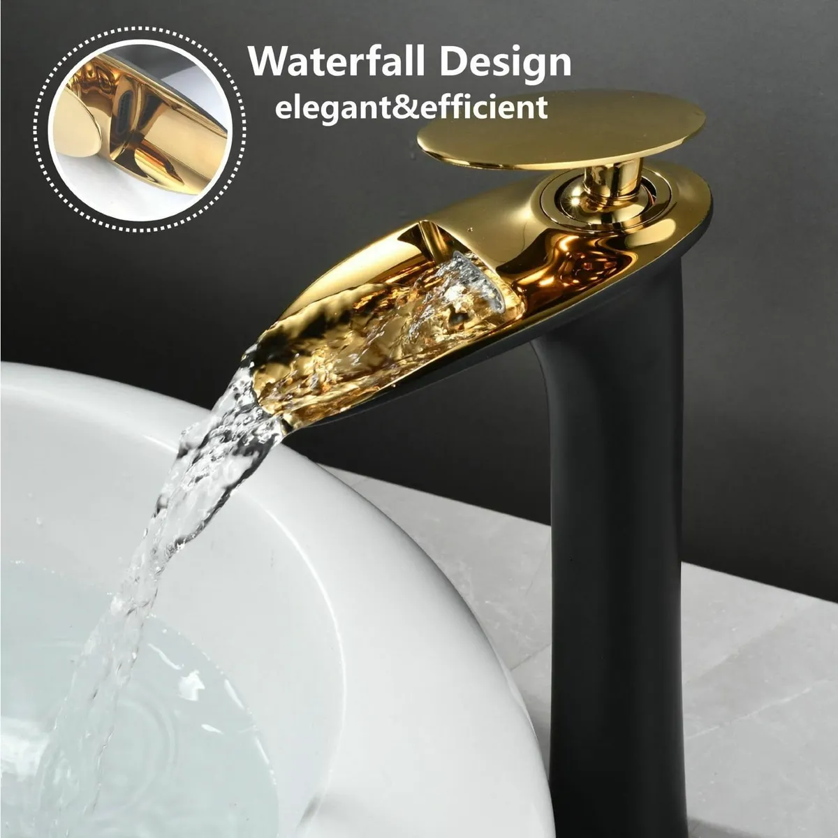 Bathroom Basin Mixer Tap Black Gold Waterfall - Image 4