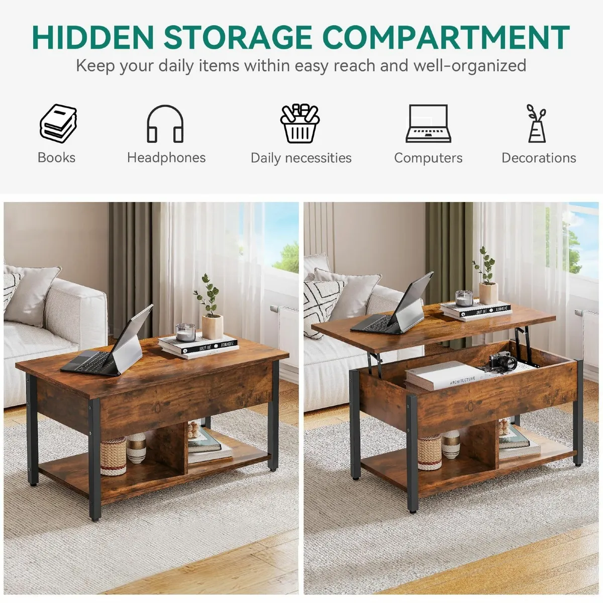 Lift Top Coffee Table Easy-Lift 2-Tier Storage - Image 3