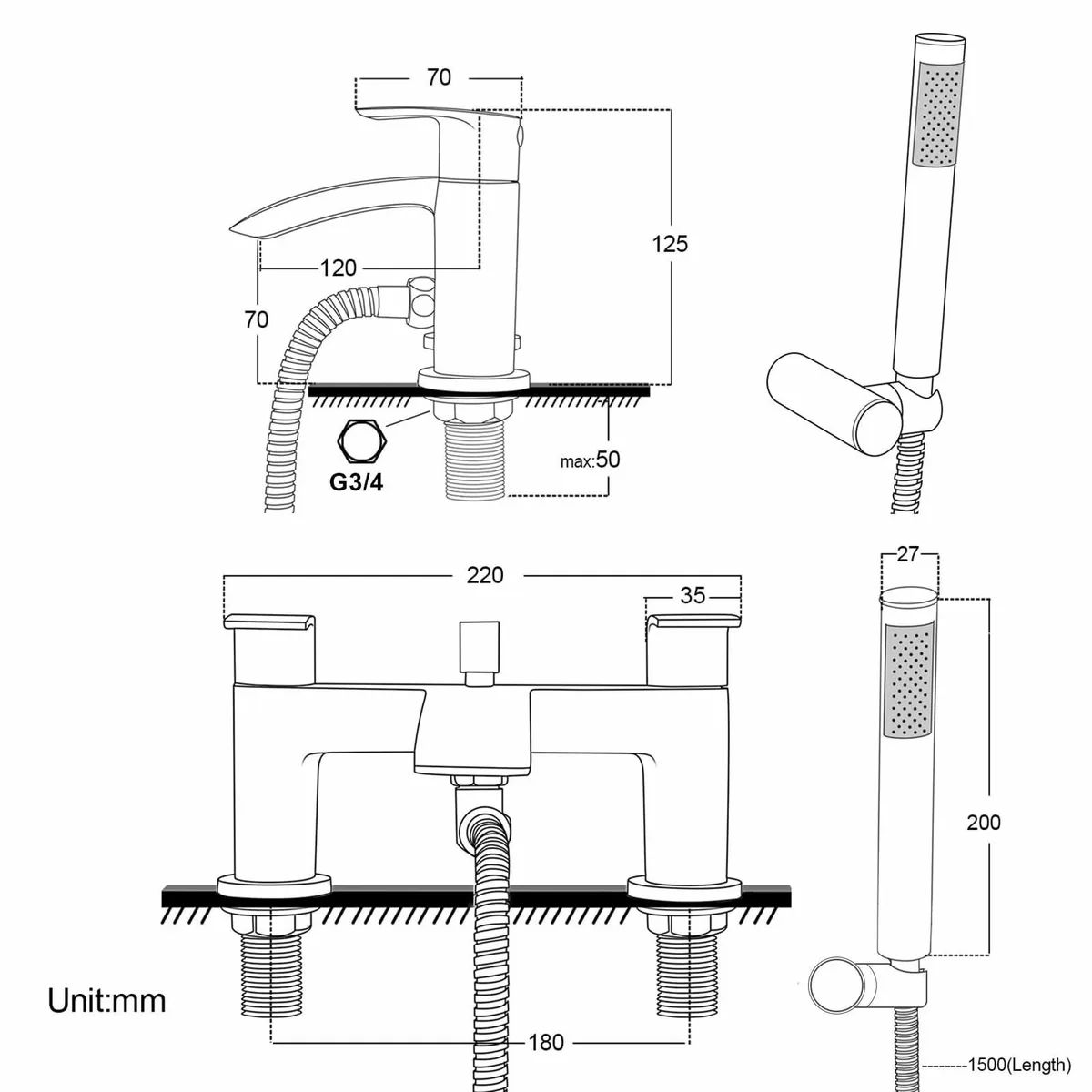 Bath Mixer Taps Waterfall with Handheld Shower - Image 3