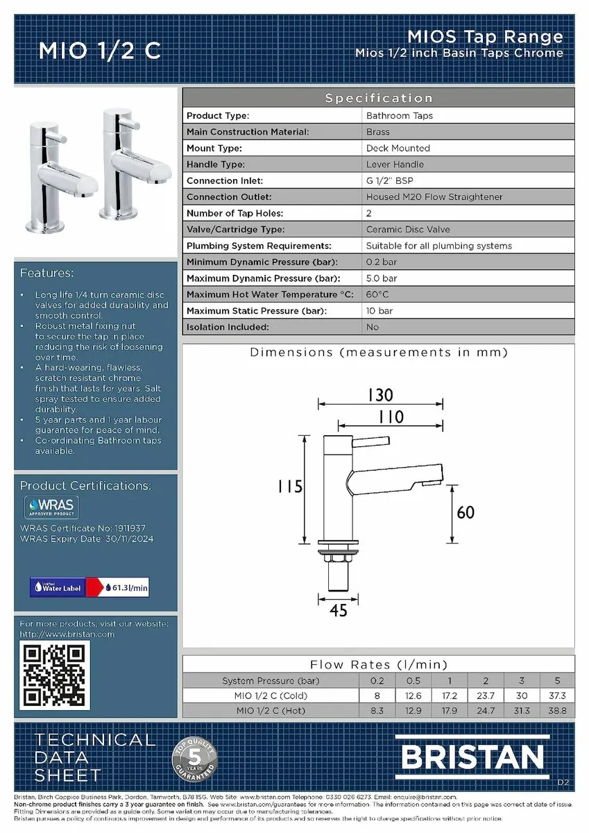 Essentials Mios Bathroom Taps 1/2 Inch Basin - Image 2
